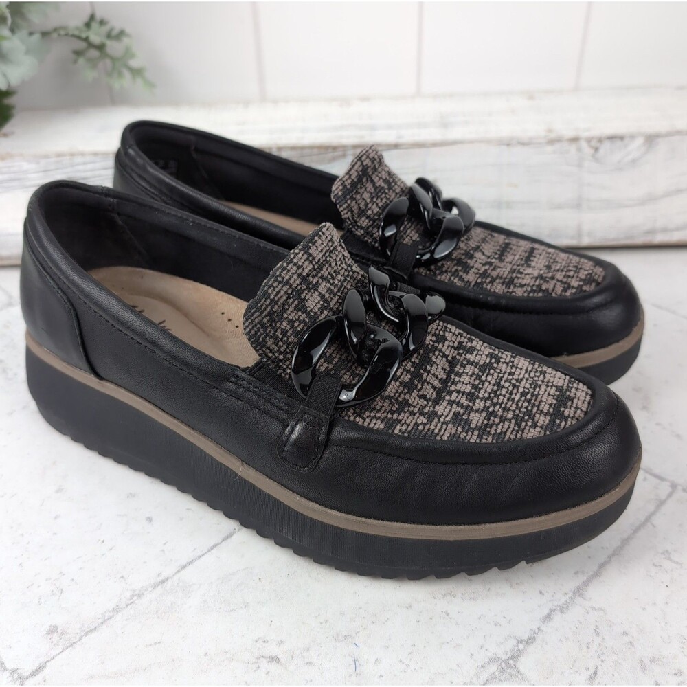 Clarks Zylah May Loafers 8.5M Black Leather & Textile, Chain Vamp Platform Wedge